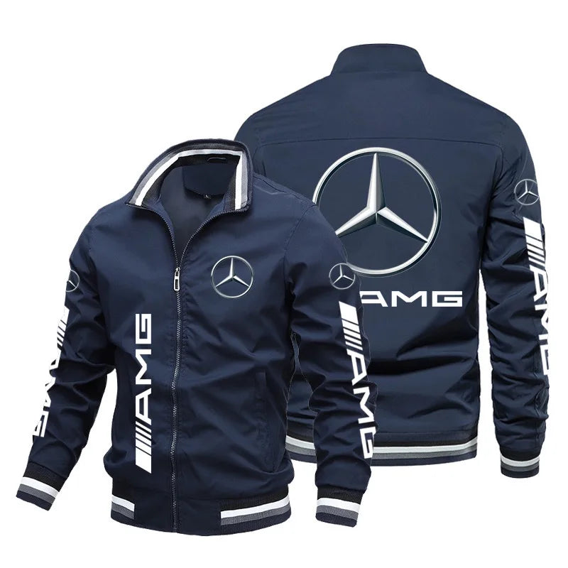 Spring and Autumn Jacket High-Quality Men's Stand Collar Sports Jacket Motorcycle Pilot Print Mercedes-Benz Workwear Motorcycle