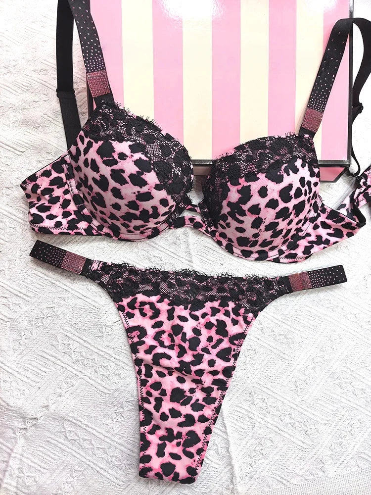 Rhinestone Sexy Women Bra Set Leopard Lace Bralette Girls Underwear Brassiere Fashion Thong Gather Bras Lingerie Panty Sets