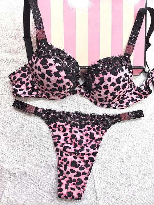 Rhinestone Sexy Women Bra Set Leopard Lace Bralette Girls Underwear Brassiere Fashion Thong Gather Bras Lingerie Panty Sets