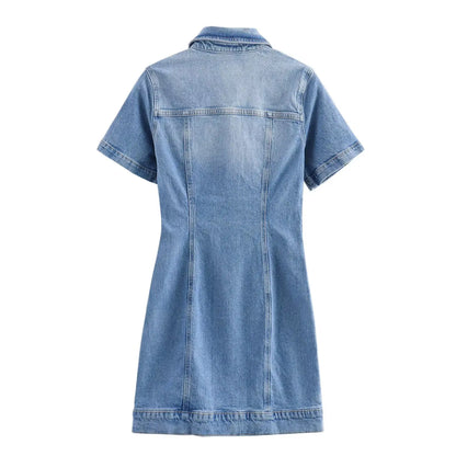 BSK&TRAF2025 Summer New Women's Temperament Slim Button-Decorated Denim Short Sleeve Mini Dress 6147/070