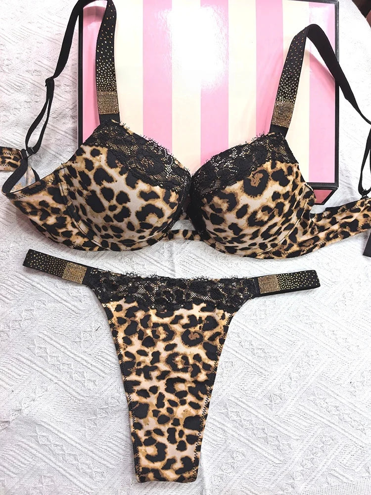 Rhinestone Sexy Women Bra Set Leopard Lace Bralette Girls Underwear Brassiere Fashion Thong Gather Bras Lingerie Panty Sets
