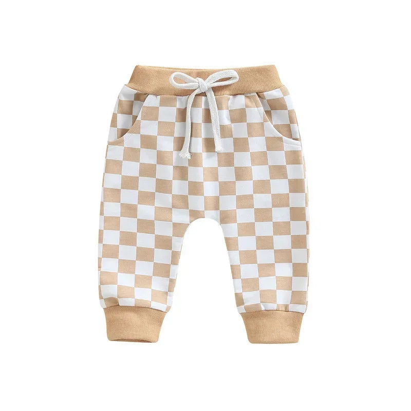 Toddler Casual Pants Baby Girl Boy Clothes Spring Autumn Fashion Checkerboard Printed Tie-up Mid-waist Trousers with Pockets