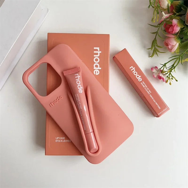 With Box Lipstick Rhode Phone Case for iPhone 16 15 14 13 12 11 Pro Max Plus 16E Makeup Lip Gloss Holder Silicone Back Cover
