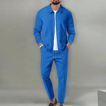 Autumnwinter men's casual blazer set new fashion Waffle baseball suit round neck pocket zipper long sleeve trousers two-piece se