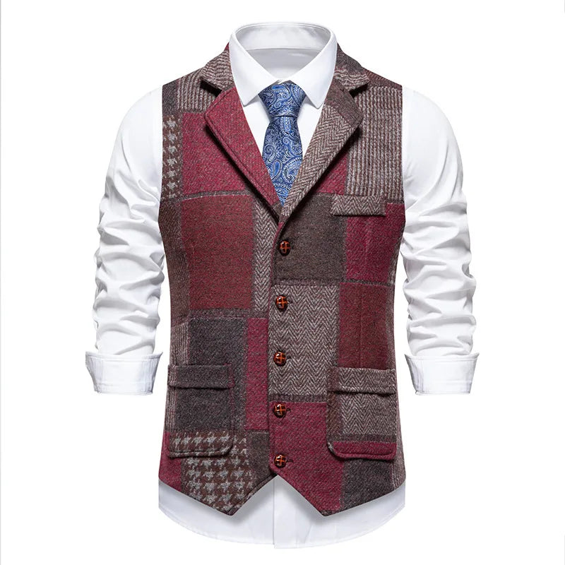 Men's Fashionable Retro Patchwork Collarless Plaid Vest Autumn Winter European Size Slim Fit Single Button Casual Youth Trend