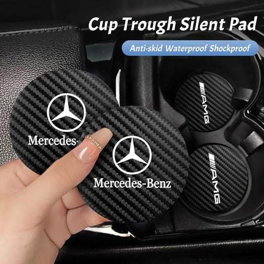 2Pcs Car Emblem Cup Trough Mat Carbon Fiber Leather Cup Pad For Mercedes Benz AMG W177 W176 X166 X167 C257 C218 X253 C118 C117