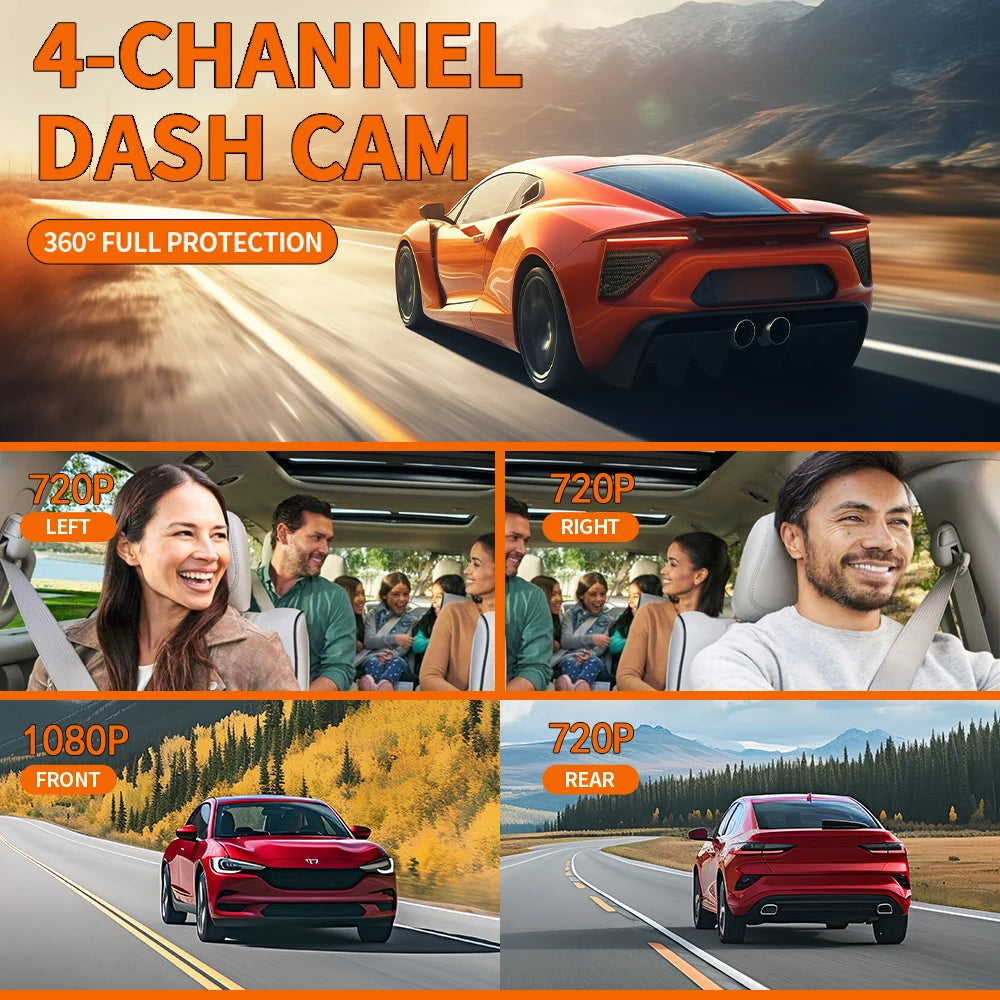 Dash Cam 4 Channel Driving Camera 1080P Front Left Right Rear Night Vision Loop Recording 24H Parking Monitor Auto parts