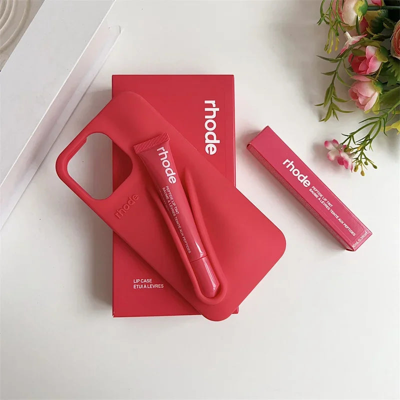 With Box Lipstick Rhode Phone Case for iPhone 16 15 14 13 12 11 Pro Max Plus 16E Makeup Lip Gloss Holder Silicone Back Cover