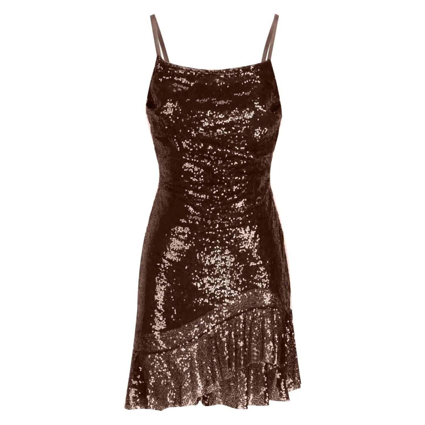 Sexy Slim Fitting Fashion Solid Color Sequin Back Cross Tie Ruffle Edge Sleeveless Suspender Irregular Hem Pleated Party Dress