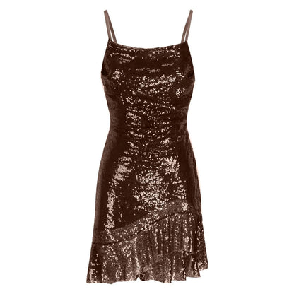 Sexy Slim Fitting Fashion Solid Color Sequin Back Cross Tie Ruffle Edge Sleeveless Suspender Irregular Hem Pleated Party Dress