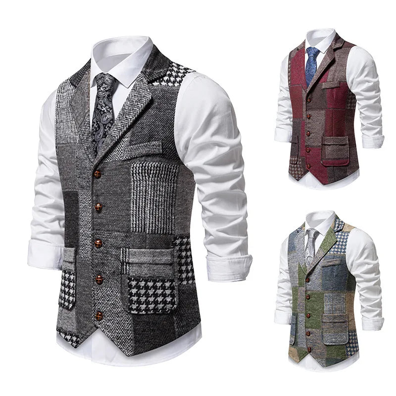 Men's Fashionable Retro Patchwork Collarless Plaid Vest Autumn Winter European Size Slim Fit Single Button Casual Youth Trend