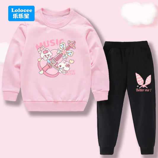 Toddler Girl 2Pcs Outfit: Music Rabbit Cartoon Sweatshirt + Black Pants Kids Casual Clothing Set Kids Tracksuit (3-14Y)  YL01