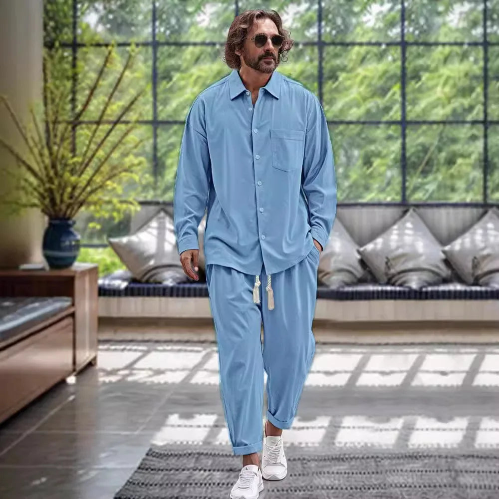 Spring and autumn men's fashion trend quality cotton linen shirt casual loose solid color lapel long sleeve trousers two sets