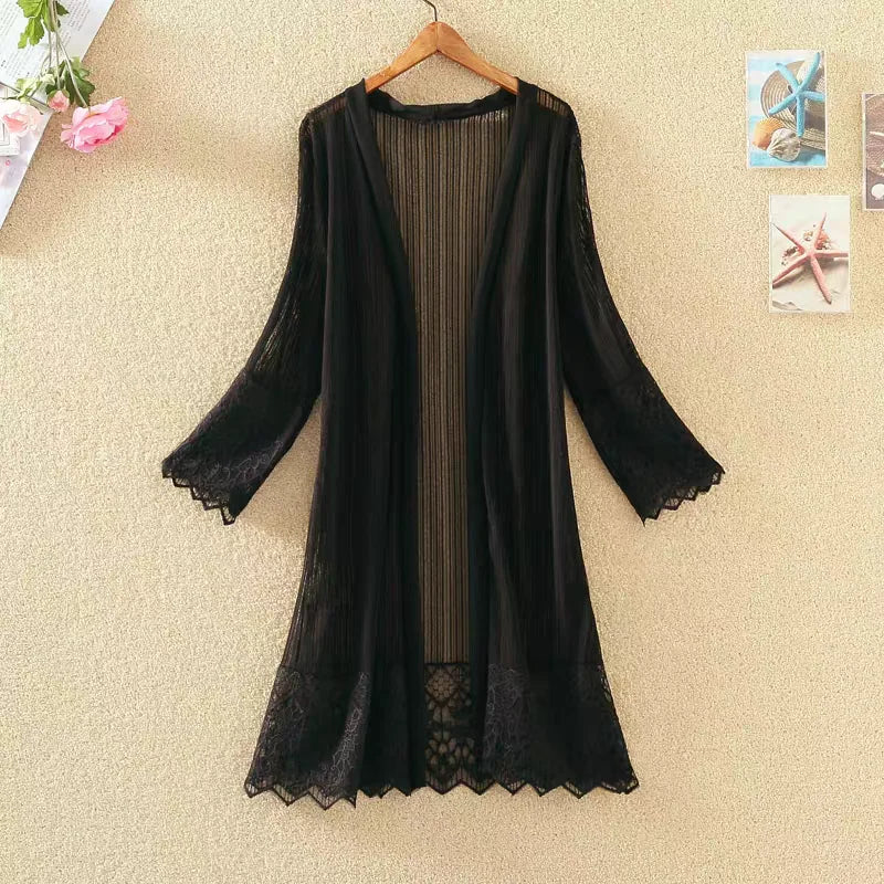 2025 New Fashion Spring Summer Women Lace Cardigan Blouses Sun Protection Clothings Lady Midi-long Beach Shirts Outwear WZ2455