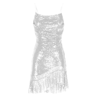 Sexy Slim Fitting Fashion Solid Color Sequin Back Cross Tie Ruffle Edge Sleeveless Suspender Irregular Hem Pleated Party Dress