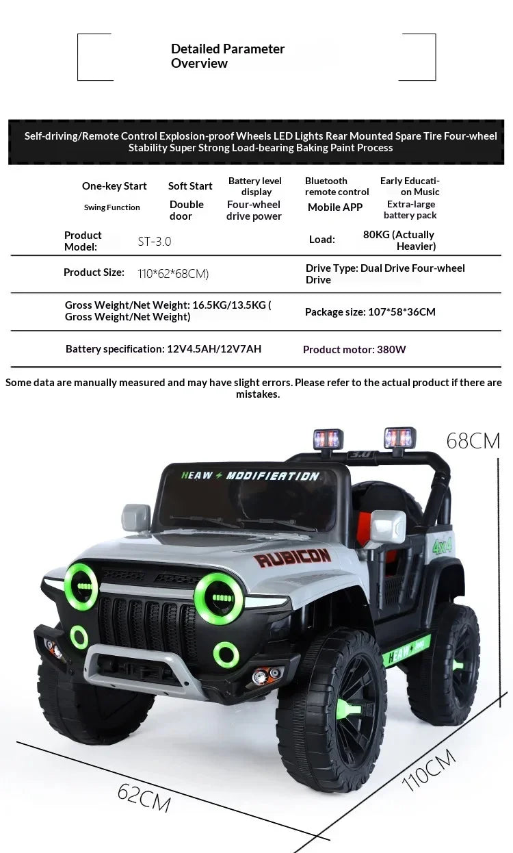 12V Kids Electric 4 Wheel Drive Off-Road Toy Rechargable Battery Car Sit By Child With Remote Control And LED Light