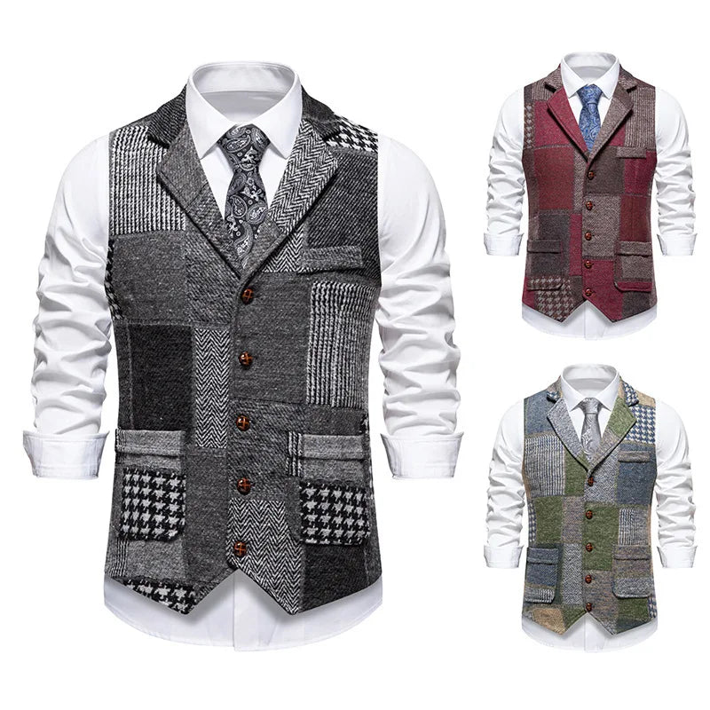 Men's Fashionable Retro Patchwork Collarless Plaid Vest Autumn Winter European Size Slim Fit Single Button Casual Youth Trend