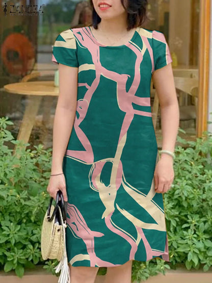 ZANZEA Summer Short Sleeve Dress Women Knee-length O Neck Casual 2024 OL Work Printing Party Vestidos Holiday Elegant Sundress