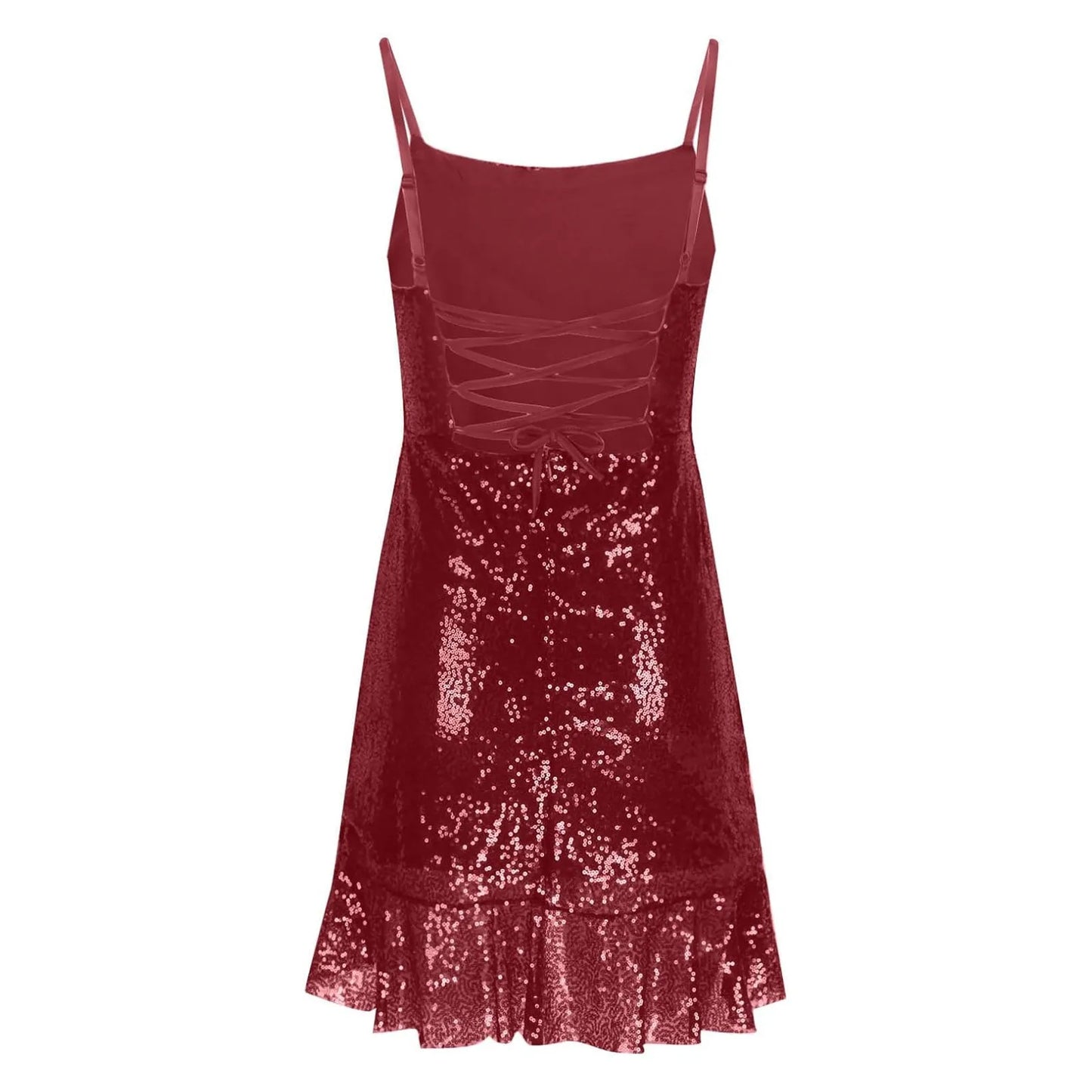 Sexy Slim Fitting Fashion Solid Color Sequin Back Cross Tie Ruffle Edge Sleeveless Suspender Irregular Hem Pleated Party Dress