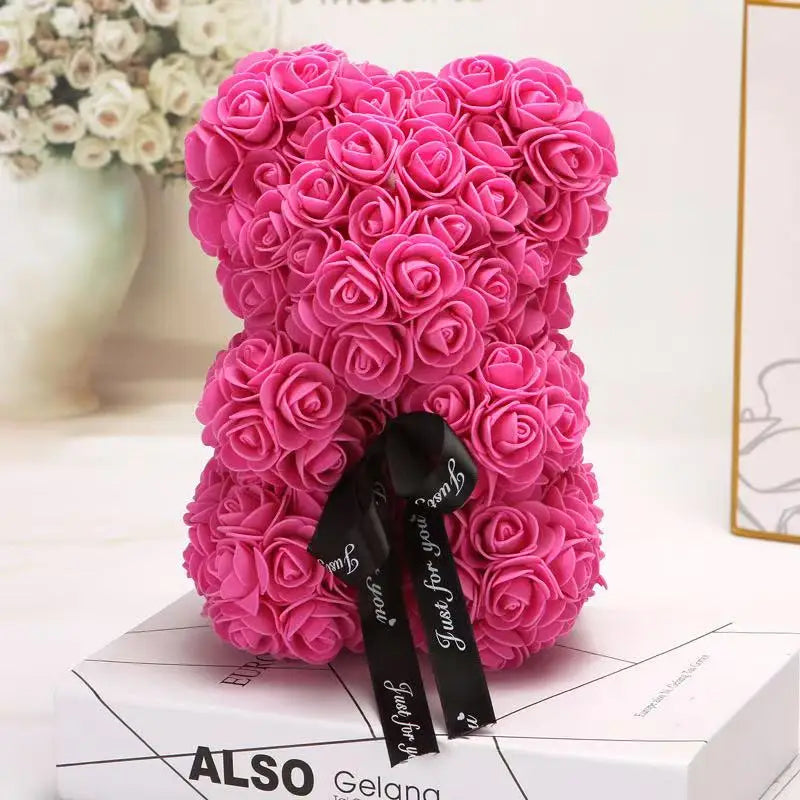 25cm Artificial Teddy Rose Flower Bear with Box Romantic Valentines Day Gift Girlfriend Women Anniversary Wedding Party Supplies