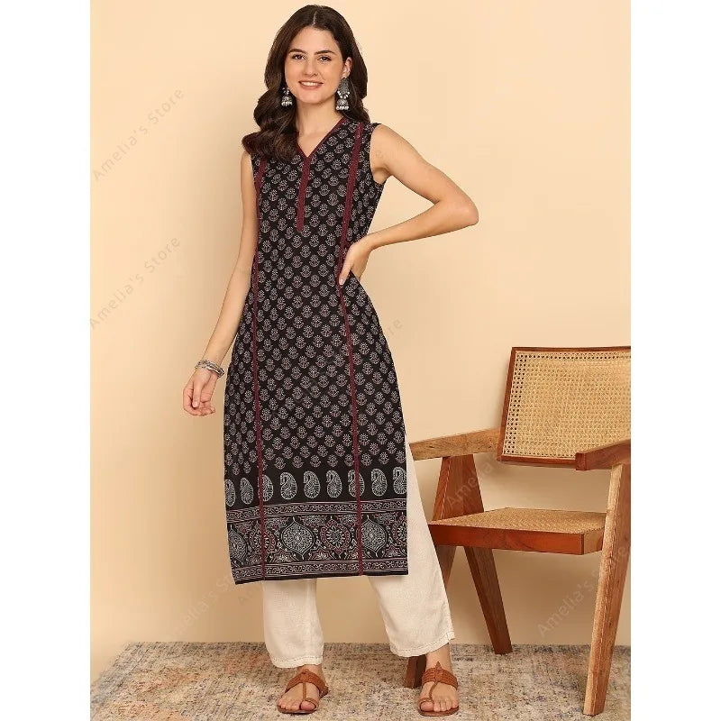 Indian Ethnic Style Women's Black Green Cotton Kurta Tunic Top Sleeveless Paisley Print Summer Wear Casual Kurti Dress