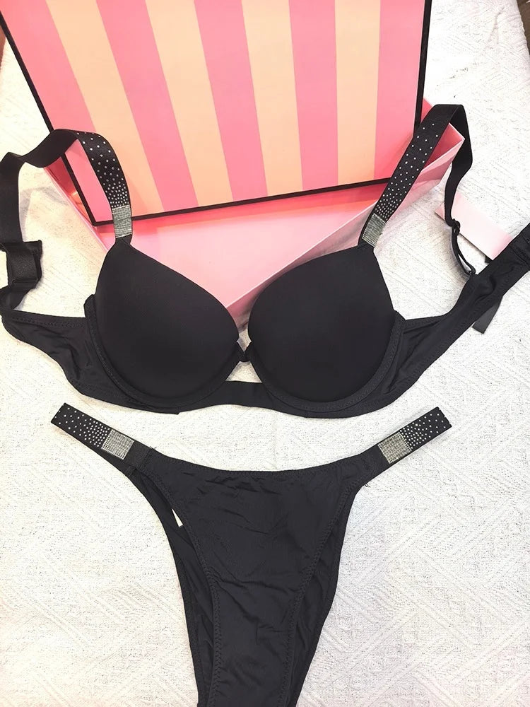 Rhinestone Sexy Women Bra Set Bralette Girls Underwear Brassiere Fashion Thong Gather Bras Lingerie Panty Sets
