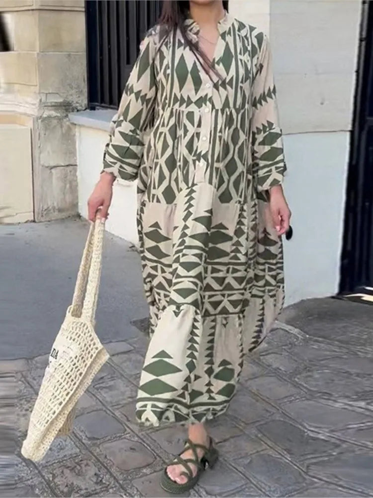 Women Print Long Sleeve Dress V-neck Long Sleeve High Waist Single Breasted Long Skirt New Holiday Loose Casual Women's Clothes