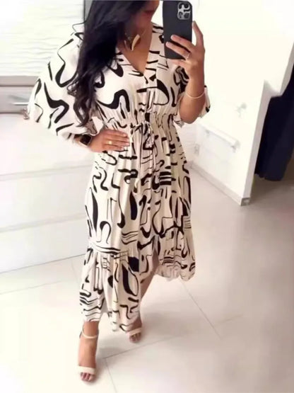 Boho Spring Summer Cotton Long Dress Printed Elegant Women Dresses Elastic Waist Vestidos Female Casual Half Sleeve A-line Dress