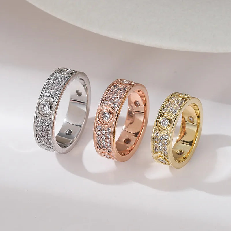 Three Row Zircon Luxury Closed Ring Finger Ring Cross Border Jewelry Gold Plated Copper Elegant Ring for Women Fashionable Ge...