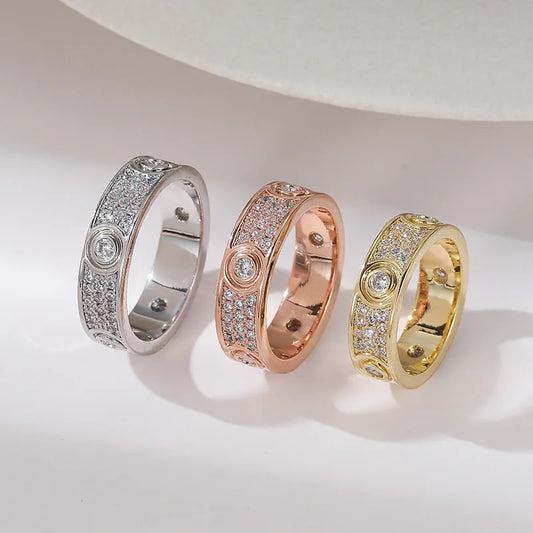 Three Row Zircon Luxury Closed Ring Finger Ring Cross Border Jewelry Gold Plated Copper Elegant Ring for Women Fashionable Ge...