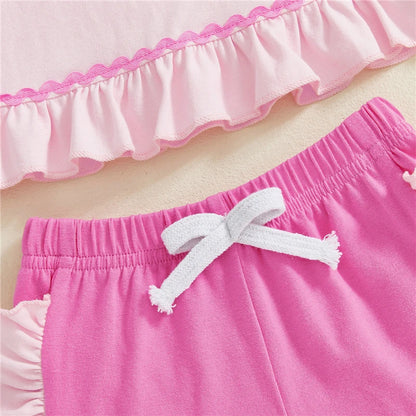 Toddler Kids Girls Clothing Sets Short Sleeve Bow Embroidery Tops Ruffle Trim Shorts Baby Clothes Children Kids Outfits