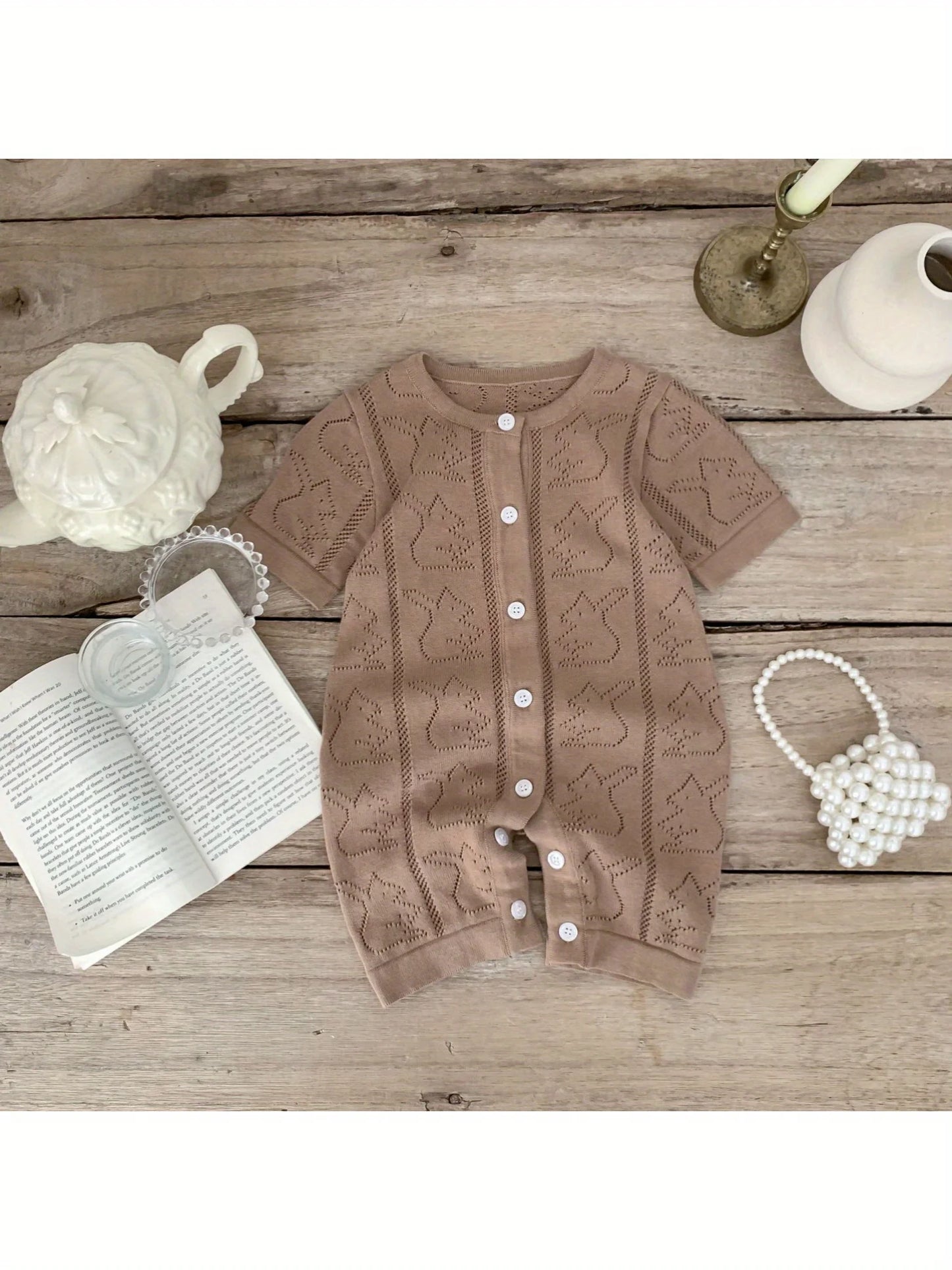 Spring and Autum Korean Style New Girls' Heart Long-Sleeved Jumpsuit Newborn Single-Breasted Cover-Up Crawling Suit Jumpsuit
