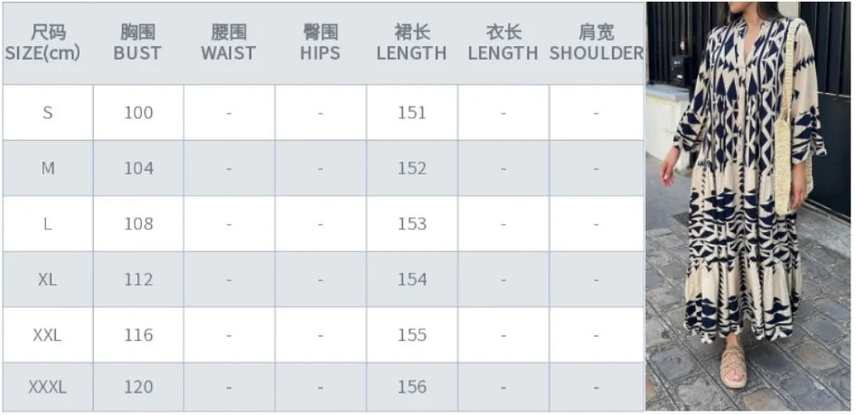 Women Print Long Sleeve Dress V-neck Long Sleeve High Waist Single Breasted Long Skirt New Holiday Loose Casual Women's Clothes