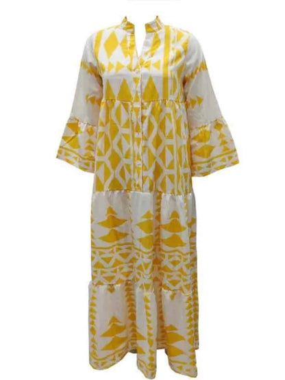 Women Print Long Sleeve Dress V-neck Long Sleeve High Waist Single Breasted Long Skirt New Holiday Loose Casual Women's Clothes