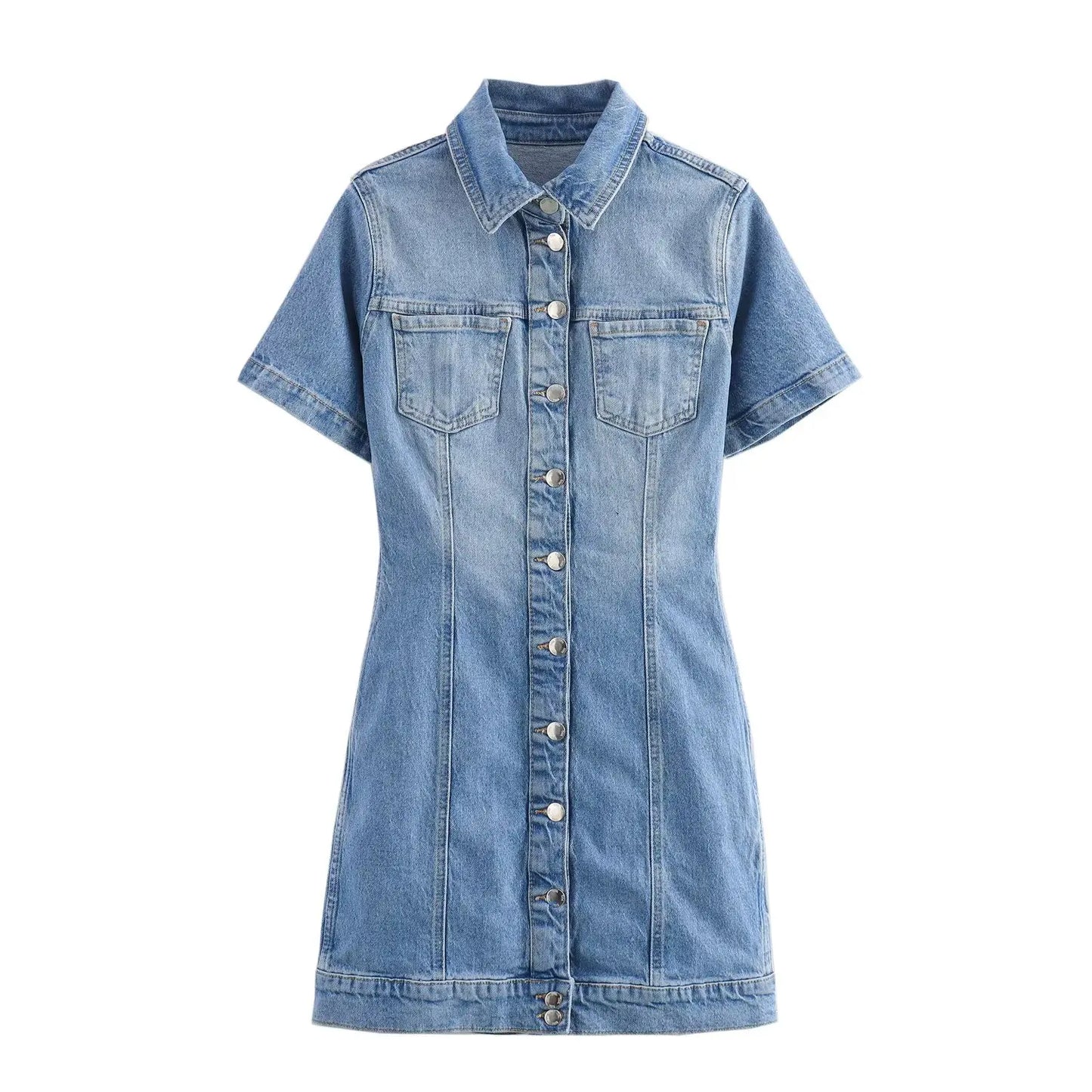 BSK&TRAF2025 Summer New Women's Temperament Slim Button-Decorated Denim Short Sleeve Mini Dress 6147/070
