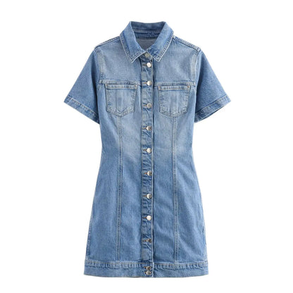 BSK&TRAF2025 Summer New Women's Temperament Slim Button-Decorated Denim Short Sleeve Mini Dress 6147/070