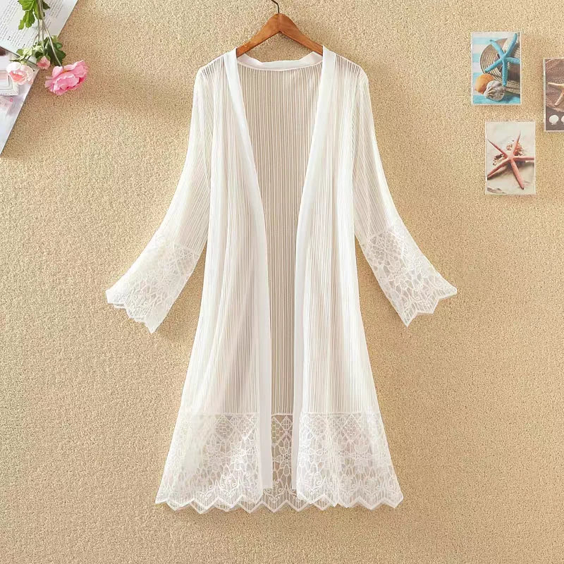 2025 New Fashion Spring Summer Women Lace Cardigan Blouses Sun Protection Clothings Lady Midi-long Beach Shirts Outwear WZ2455