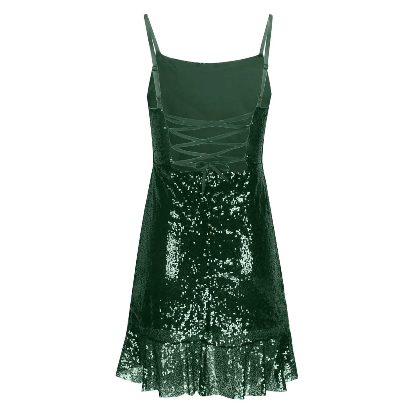 Sexy Slim Fitting Fashion Solid Color Sequin Back Cross Tie Ruffle Edge Sleeveless Suspender Irregular Hem Pleated Party Dress