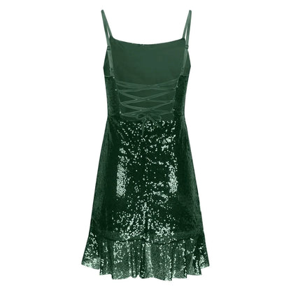 Sexy Slim Fitting Fashion Solid Color Sequin Back Cross Tie Ruffle Edge Sleeveless Suspender Irregular Hem Pleated Party Dress