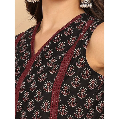 Indian Ethnic Style Women's Black Green Cotton Kurta Tunic Top Sleeveless Paisley Print Summer Wear Casual Kurti Dress