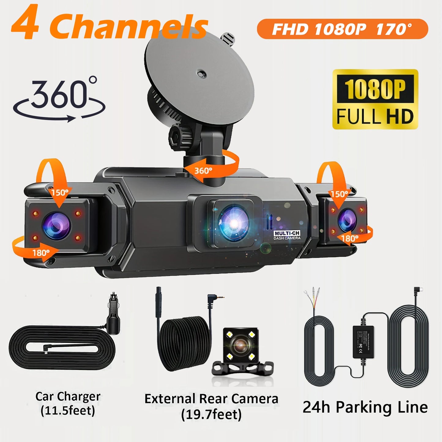 Dash Cam 4 Channel Driving Camera 1080P Front Left Right Rear Night Vision Loop Recording 24H Parking Monitor Auto parts