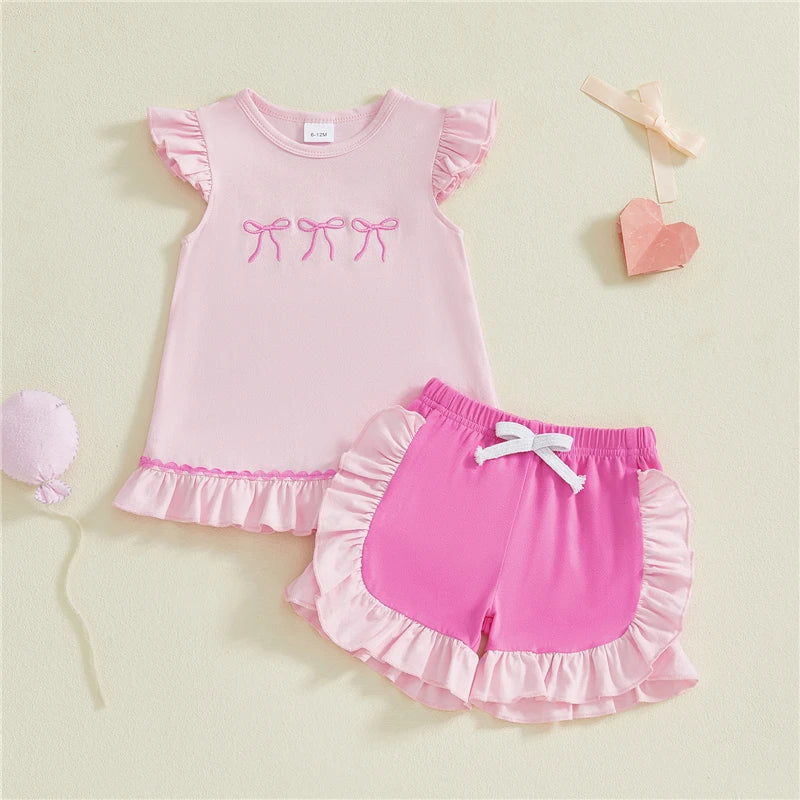 Toddler Kids Girls Clothing Sets Short Sleeve Bow Embroidery Tops Ruffle Trim Shorts Baby Clothes Children Kids Outfits