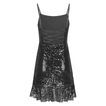 Sexy Slim Fitting Fashion Solid Color Sequin Back Cross Tie Ruffle Edge Sleeveless Suspender Irregular Hem Pleated Party Dress