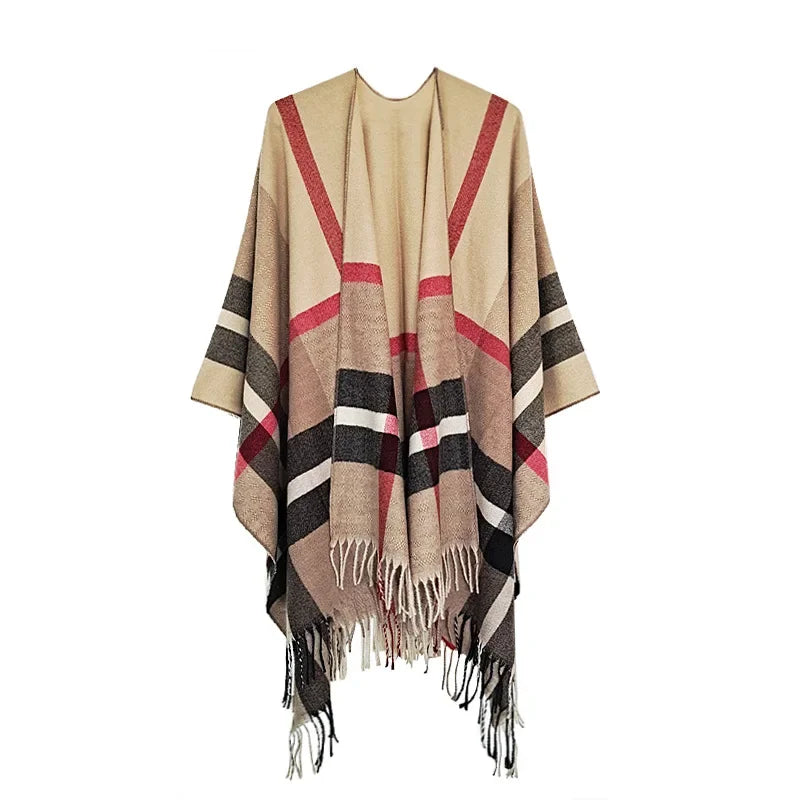 Warmth Women's Open Split Shawl Ethnic Style Geometric Tassel Travel Photography Friendly Winter Wrap Versatile Fashion Accessor