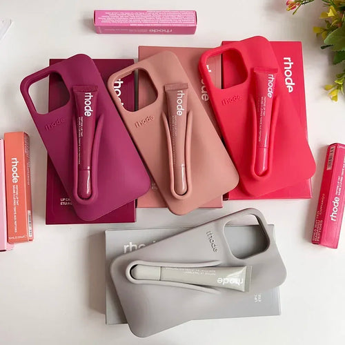 With Box Lipstick Rhode Phone Case for iPhone 16 15 14 13 12 11 Pro Max Plus 16E Makeup Lip Gloss Holder Silicone Back Cover