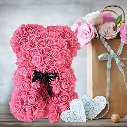 25cm Artificial Teddy Rose Flower Bear with Box Romantic Valentines Day Gift Girlfriend Women Anniversary Wedding Party Supplies