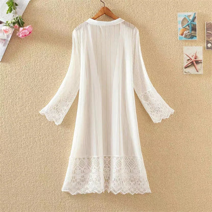 2025 New Fashion Spring Summer Women Lace Cardigan Blouses Sun Protection Clothings Lady Midi-long Beach Shirts Outwear WZ2455