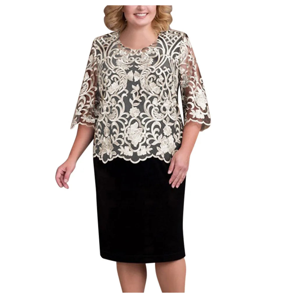 Women Elegant Formal Dress Large Size Half Sleeve Lace Patchwork Evening Party Dress Embroidery Round Neck Cocktail Dress