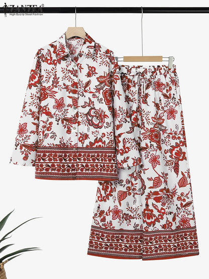 ZANZEA Vintage Women Two-piece Outfits 2025 Fashion Pant Sets Casual Loose Long Sleeve Shirts Elastic Waist Pants Autumn 2PCS