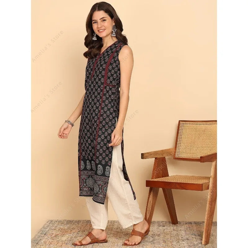 Indian Ethnic Style Women's Black Green Cotton Kurta Tunic Top Sleeveless Paisley Print Summer Wear Casual Kurti Dress